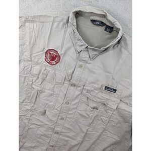 Eddie Bauer Mens Button Up Shirt Size 2XL Short Sleeve Outdoor GCI Logo Beige
